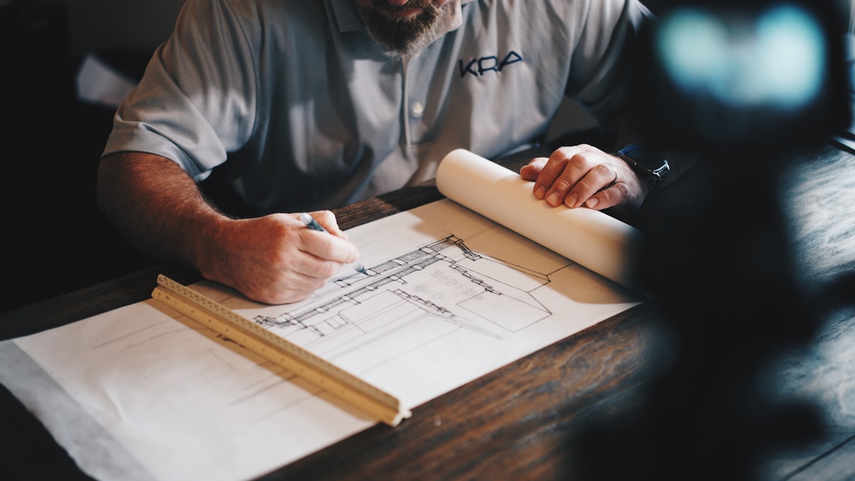 Architectural drawings and tools on a studio table